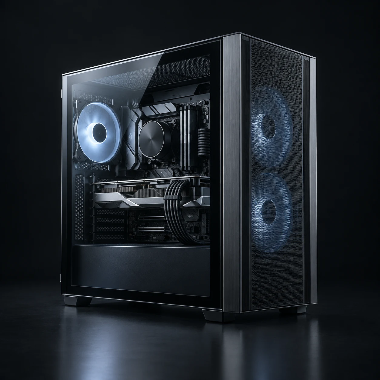 Konzeptvisualisierung eines Gaming-PCs aus dunklem Aluminium mit Glas-Seitenteil und eisblauer Beleuchtung.
